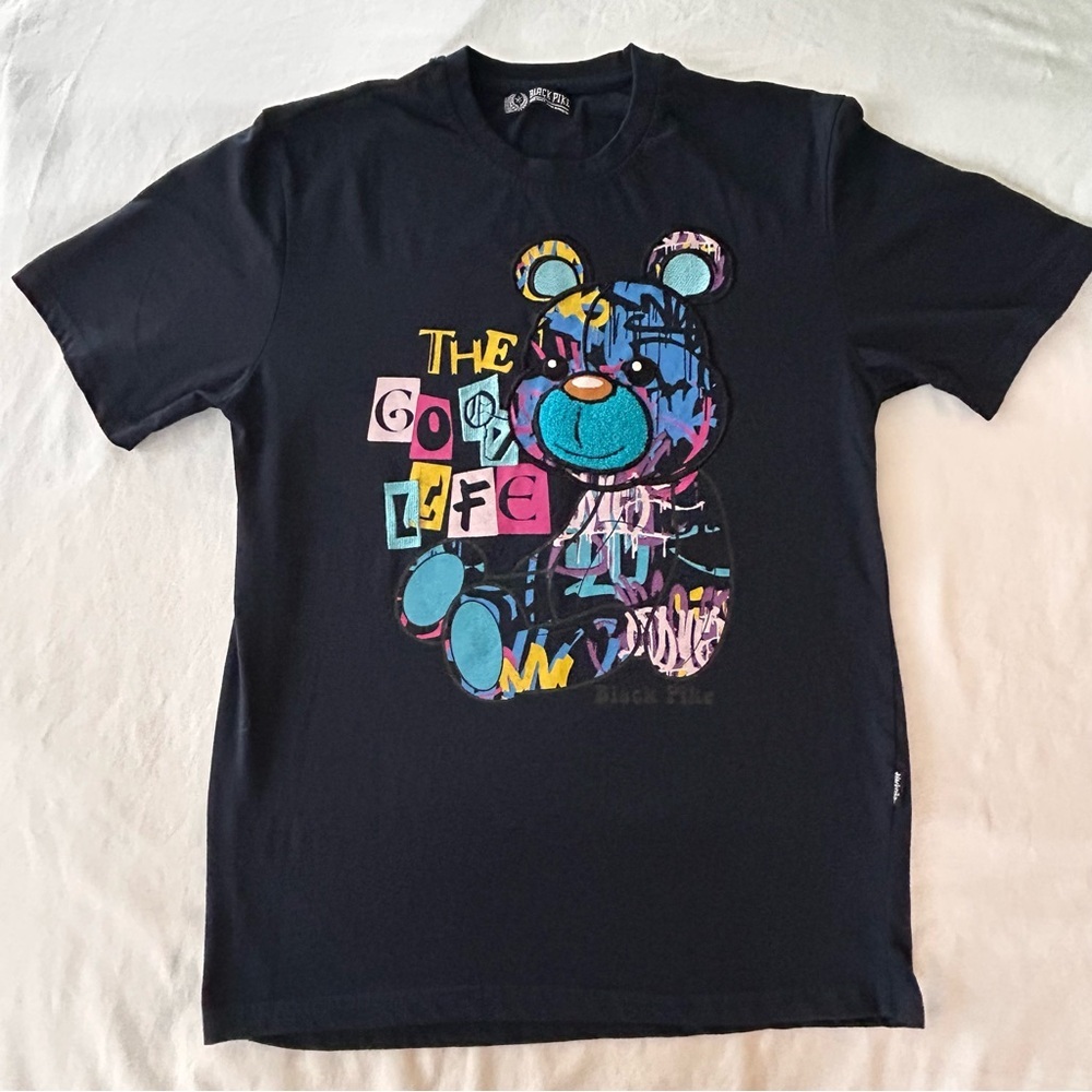 Black Pike T-Shirt Men's Large Navy The Good Life Bear Embroidered Design Sz L